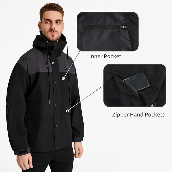 Men's Waterproof Lightweight Outwear Interchange Jacket, Windproof, Outdoor Hiking, Hooded