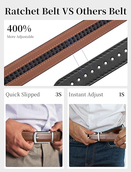 Mens Belt Ratchet Belts Dress Casual Leather Belt for Men With Slide Adjustable Click Buckle Gifts Box