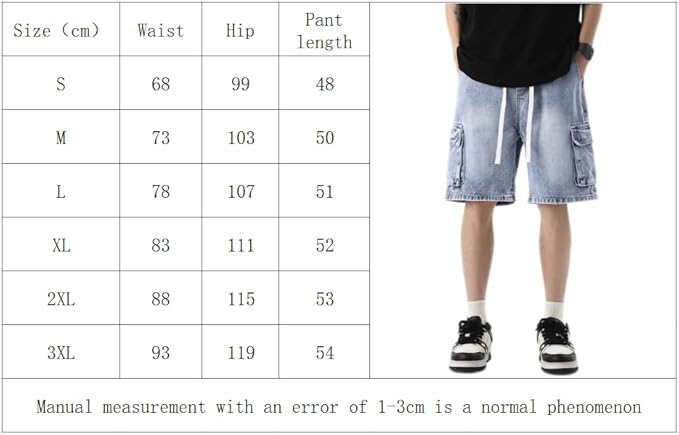 Men's Drawstring Elastic Waist Flap Pocket Straight Cargo Jean Denim Shorts