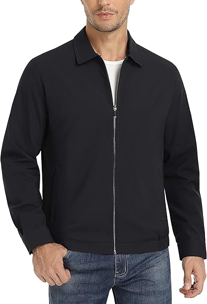 Men's Lightweight Jackets Full Zip Up Light Coat Laydown Collar Jacket Casual Windbreaker Jacket with Zip Pockets