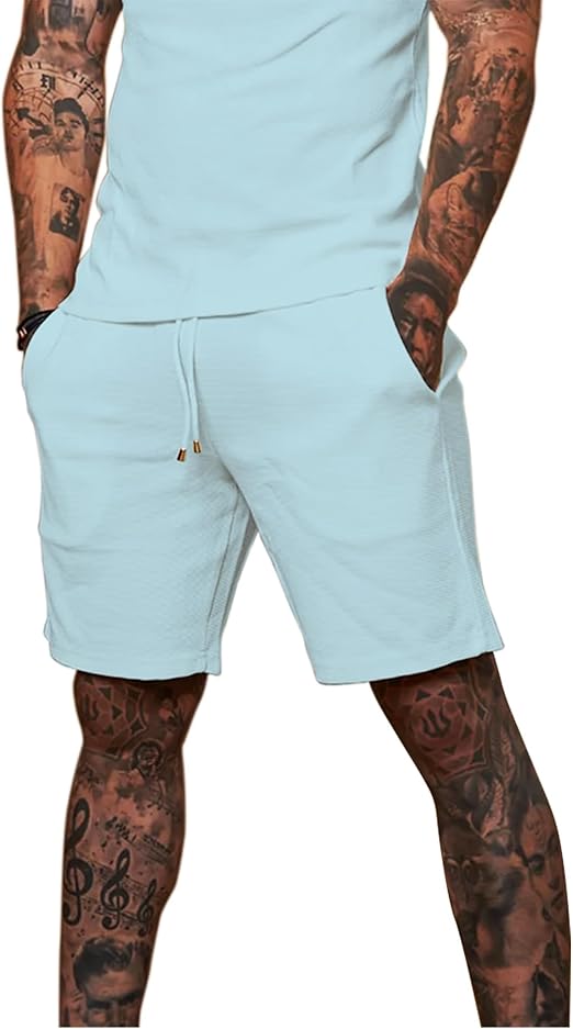 Mens 8" Casual Sweat Shorts with Pockets,Drawstring Athletic Shorts Waffle Lounge Summer Shorts (Size28~40)