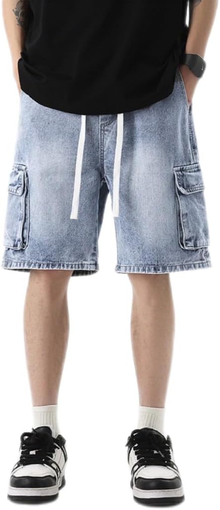Men's Drawstring Elastic Waist Flap Pocket Straight Cargo Jean Denim Shorts