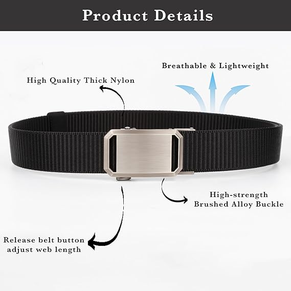 Men's Elastic Nylon Belt with Heavy-Duty Automatic Metal Buckle, Quick-Dry Adjustable Cut-to-Fit Belt for Business & Casual, 130cm Length, Fits 70-117cm Waist