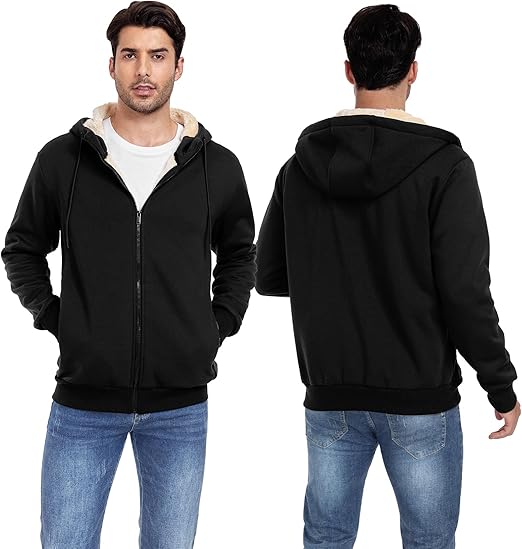 Mens Fleece Hoodie Warm Lined Hooded Sweatshirt Winter Zip Sweatjacke for Men with Pocket