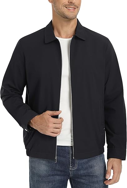 Men's Lightweight Jackets Full Zip Up Light Coat Laydown Collar Jacket Casual Windbreaker Jacket with Zip Pockets