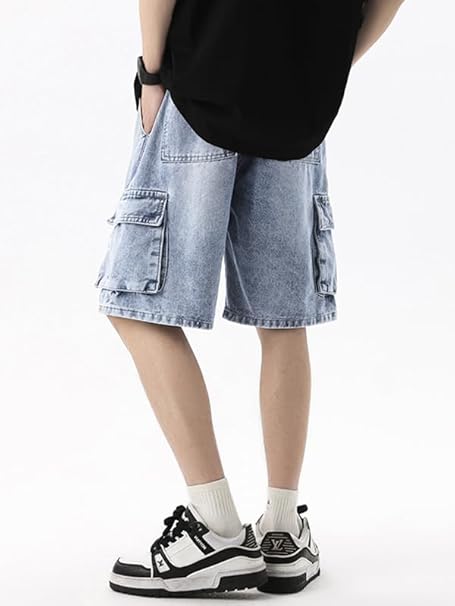Men's Drawstring Elastic Waist Flap Pocket Straight Cargo Jean Denim Shorts