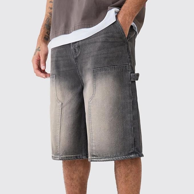 Mens Loose Denim Shorts Baggy Casual Wide Leg Mid Jean Jorts Zipper Hip Hop Shorts with Pockets Streetwear