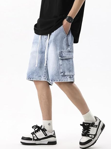 Men's Drawstring Elastic Waist Flap Pocket Straight Cargo Jean Denim Shorts