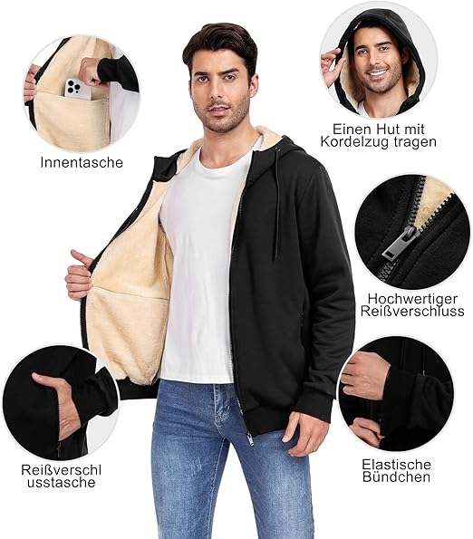 Mens Fleece Hoodie Warm Lined Hooded Sweatshirt Winter Zip Sweatjacke for Men with Pocket