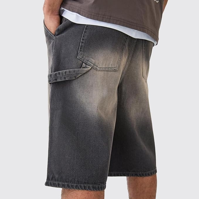 Mens Loose Denim Shorts Baggy Casual Wide Leg Mid Jean Jorts Zipper Hip Hop Shorts with Pockets Streetwear