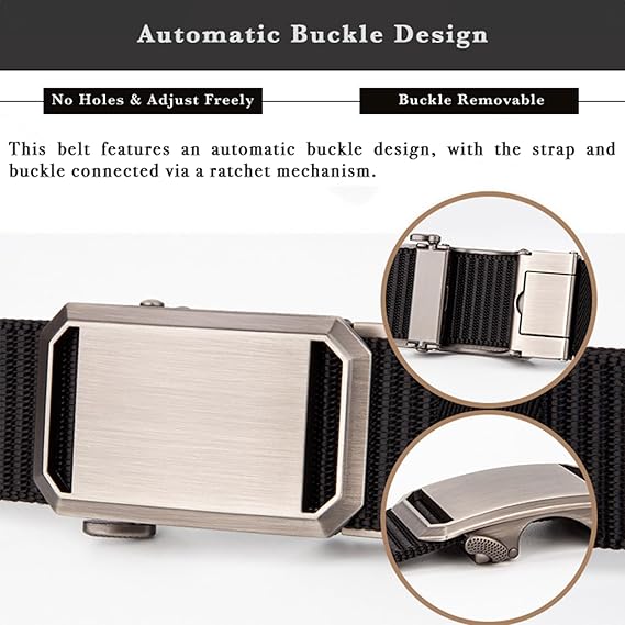Men's Elastic Nylon Belt with Heavy-Duty Automatic Metal Buckle, Quick-Dry Adjustable Cut-to-Fit Belt for Business & Casual, 130cm Length, Fits 70-117cm Waist