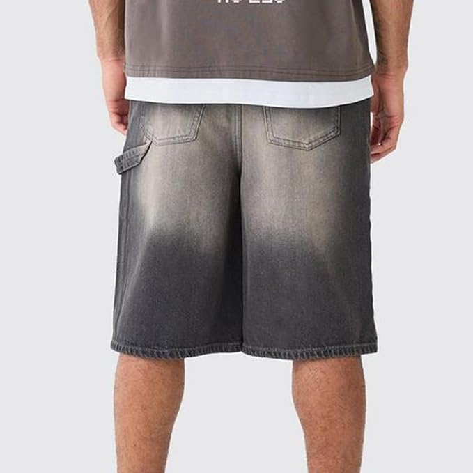 Mens Loose Denim Shorts Baggy Casual Wide Leg Mid Jean Jorts Zipper Hip Hop Shorts with Pockets Streetwear