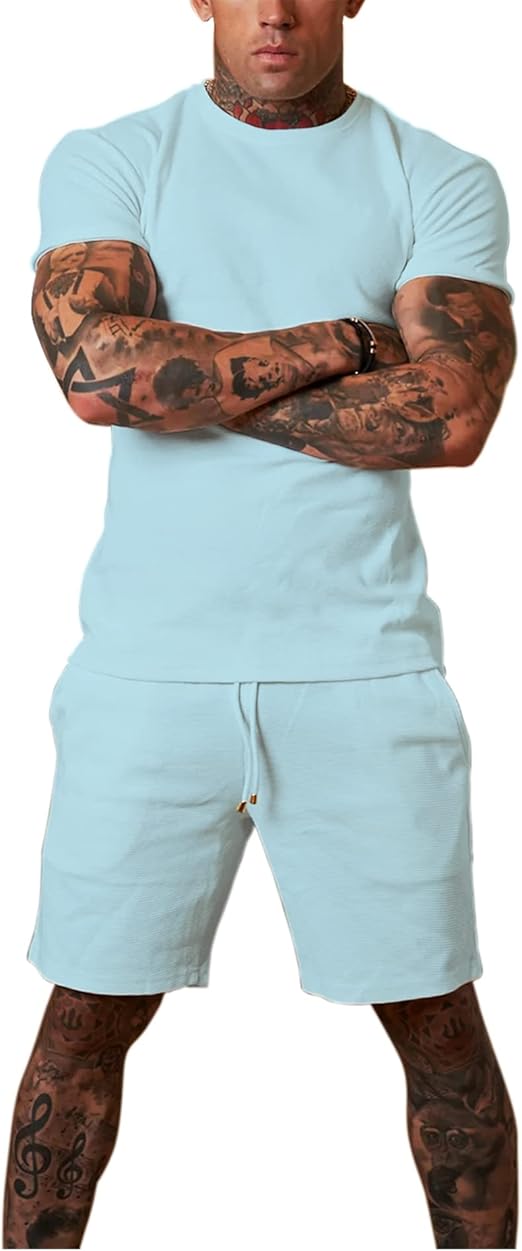 Mens 8" Casual Sweat Shorts with Pockets,Drawstring Athletic Shorts Waffle Lounge Summer Shorts (Size28~40)