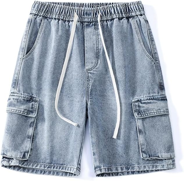 Men's Drawstring Elastic Waist Flap Pocket Straight Cargo Jean Denim Shorts