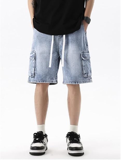 Men's Drawstring Elastic Waist Flap Pocket Straight Cargo Jean Denim Shorts