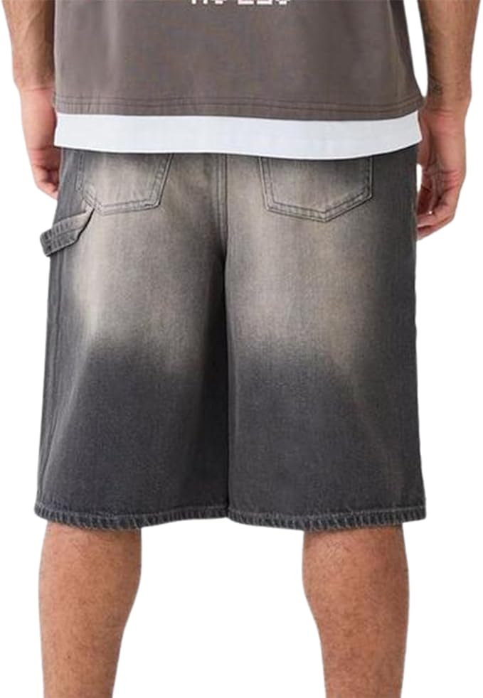 Mens Loose Denim Shorts Baggy Casual Wide Leg Mid Jean Jorts Zipper Hip Hop Shorts with Pockets Streetwear