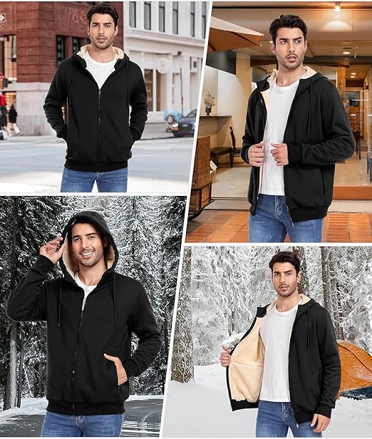Mens Fleece Hoodie Warm Lined Hooded Sweatshirt Winter Zip Sweatjacke for Men with Pocket