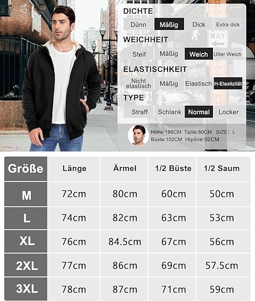 Mens Fleece Hoodie Warm Lined Hooded Sweatshirt Winter Zip Sweatjacke for Men with Pocket